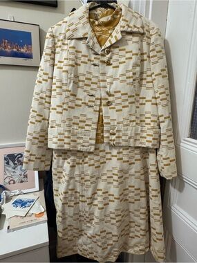 Vintage Malcolm Starr Cream and Mustard Geometric Dress and Jacket